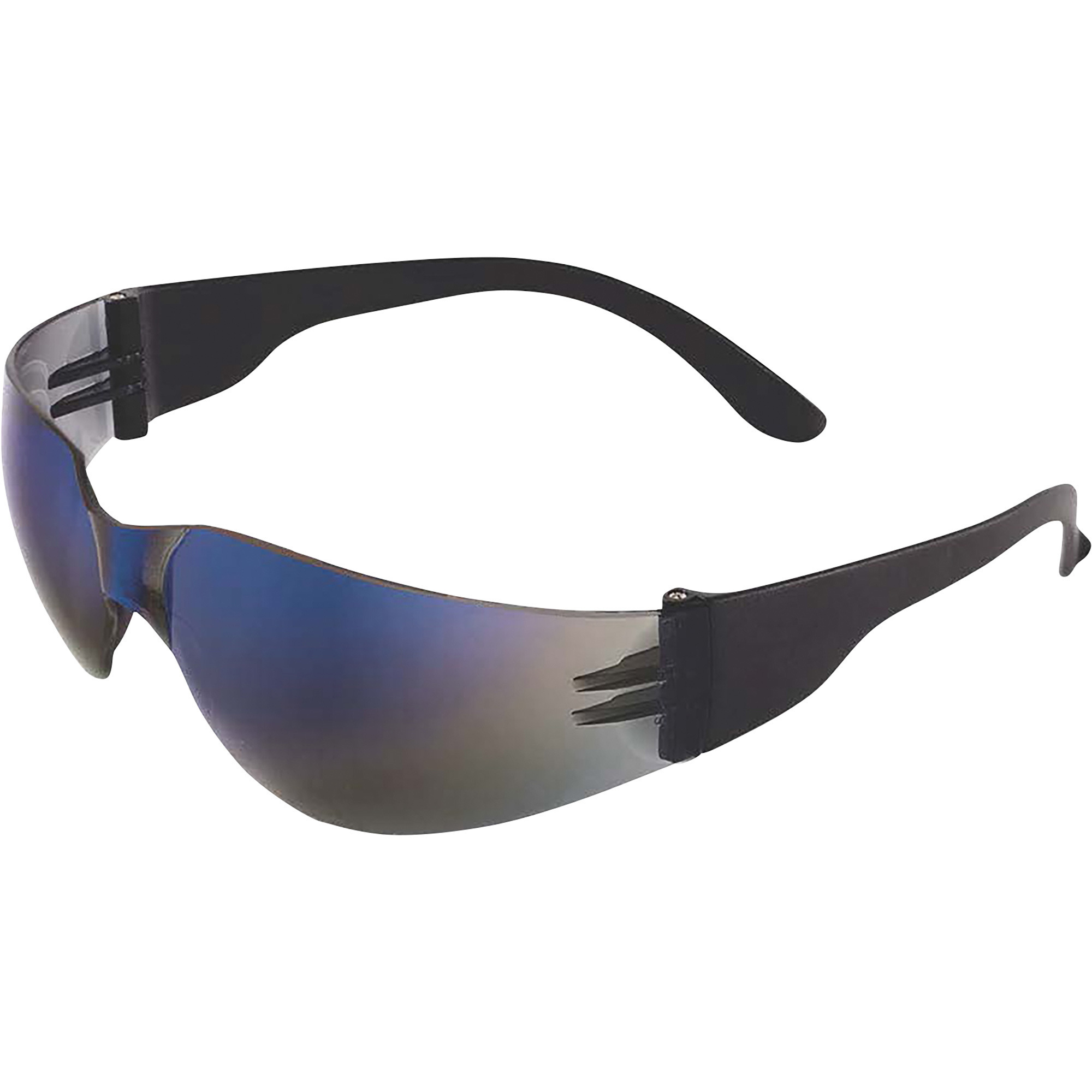 Bullhead Frameless Hard-Coated Safety Glasses, 12 Pairs, 10 Base Curve Wrap Around Blue Mirror Lenses, Matte Black Temple